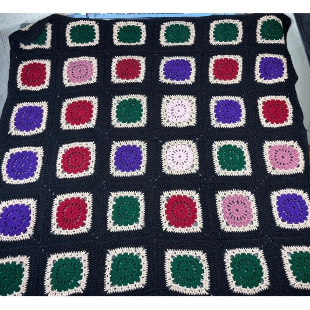Vintage Granny Square‎ Crochet Afghan Blanket 40x50 Handmade Boho Retro Chic